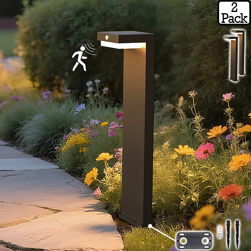 VerLuce Courtyard solar pathway light with PIR motion sensor illuminating a garden walkway and flower bed at dusk.