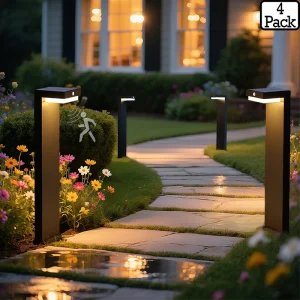 VerLuce Courtyard solar pathway lights illuminating a residential garden walkway at dusk with integrated motion sensor technology and warm LED lighting.