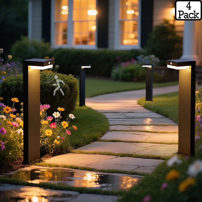 VerLuce Courtyard solar pathway lights illuminating a residential garden walkway at dusk with integrated motion sensor technology and warm LED lighting.