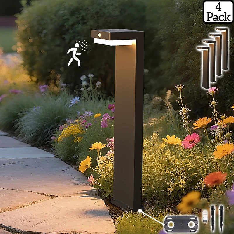 VerLuce Courtyard solar pathway lights 4-pack with PIR motion sensor illuminating a garden walkway and landscape path at dusk.