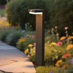 VerLuce Courtyard solar pathway light illuminating a garden walkway and flower bed with warm LED outdoor lighting at dusk.
