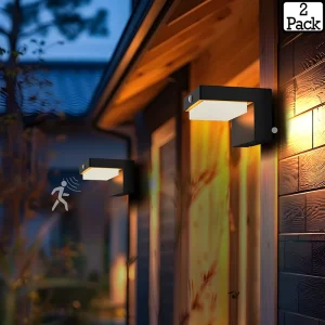 VerLuce Courtyard solar wall lights mounted beside a front door, featuring motion sensor activation and warm LED outdoor illumination.
