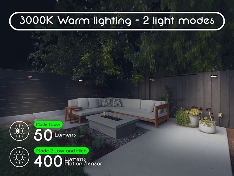 VerLuce solar wall lights have two modes: Low always on and low + high motion sensing.