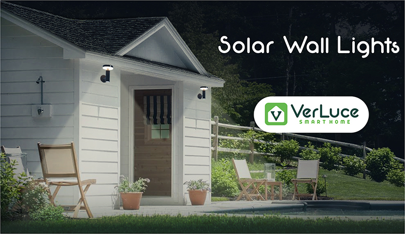 VerLuce solar wall lights on a pool shed. 