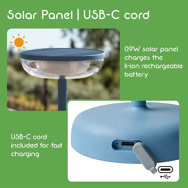 VerLuce solar table lamp for outdoors can be charged with the solar panel or a USB-C charging cord