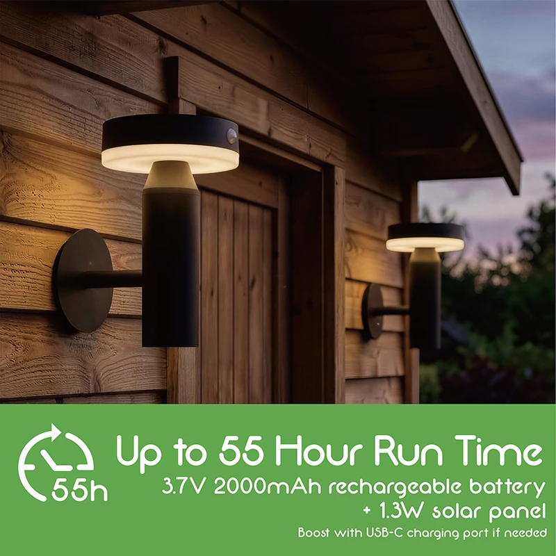 VerLuce Barn Series Solar Outdoor Wall Lights last up to 55 hours on a full charge and have a rechargeable lithium ion battery
