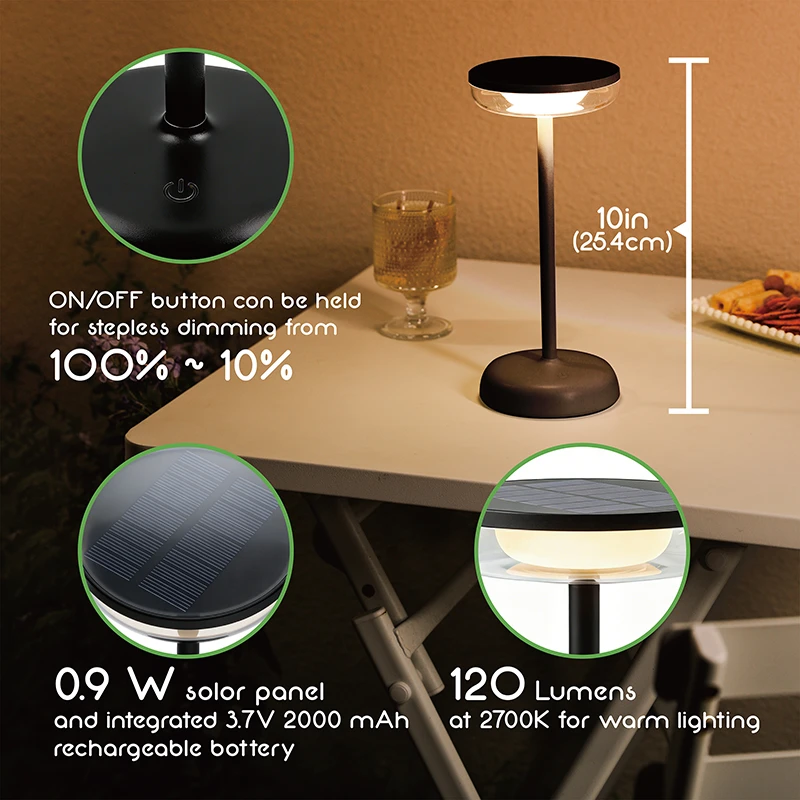 VerLuce outdoor solar table lamp is 10in tall with 2700K warm lighting