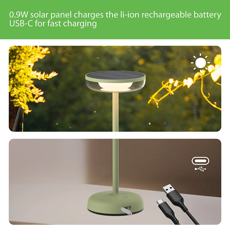 VerLuce outdoor solar table lamp can be charged with the solar panel or a USB-C charging cord