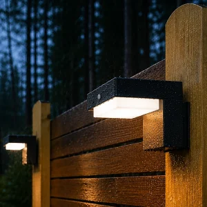 VerLuce Solar Wall Lights Courtyard Series 2pk On A Fence During A Rainstorm