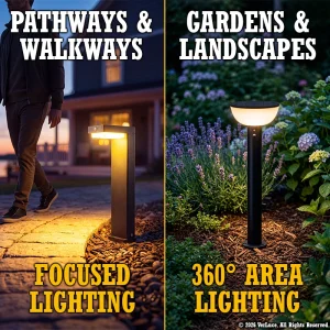 Focused vs. 360 degree lighting comparison with VerLuce solar lights.